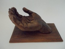 VTG Wood Open Palm Hand Sculpture on Rectangular Base Decor picture