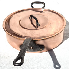 Vintage 13inch French Copper Saute Pan W Lid Tin Lining Pouring Rim 3.5mm 13.7lb picture