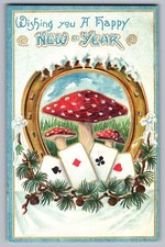 C.1910 HAPPY NEW YEAR MUSHROOMS, PLAYING CARDS, SNOW, GOOD LUCK Postcard P51 picture