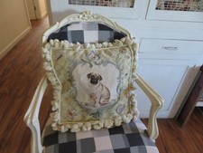 Aubusson style Victorian PUG w Seashells on ButterCreamYellow Needlepoint Pillow picture