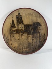 Romanian Wood Burned Bran Castle Souvenir Plate Draculas Castle Vtg Folk Art picture
