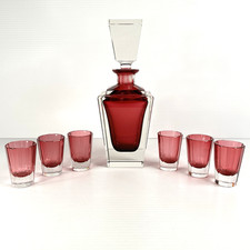 Vtg E&R Golden Crown Hand Cut Lead Crystal Pink Sommerso Decanter + Shot Glasses picture