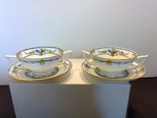 Pair of Antique Minton China Enameled Fruit & Leaves Cream Soup & Saucer Sets picture