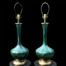 Vtg MCM Drip Glaze Genie Bottle Pottery Table Lamps Pair Green Blue 32 Tall picture