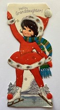 Vintage Christmas Card Die Cut GIRL RED DRESS ICE SKATING Emboss Ambassador Card picture