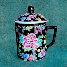 Vintage 70's Chinese Famille Noire Millefleur Porcelain Lidded Tea Mug picture