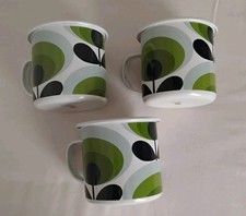3 Orla Kiely Enamel Mugs MCM 70's Danish Style Floral Apple Green & Black Mint picture