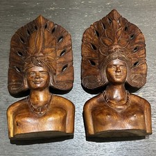 Two ANTIQUE, VINTAGE POLYNESIAN WOMAN AND MAN WOOD CARVED BUSTS picture
