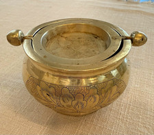 Vintage Solid Brass Ashtray Rotating Lid Floral Engraved 3 in picture