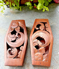 Pair Hand Carved Wood Trinket Boxes Scroll Foliage Designs 6 inch Mahogany  picture