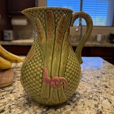 Vintage Bordallo Pinheiro Pitcher Asparagus Green Pink ~8.75