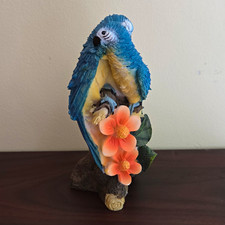 Blue Yellow Resin Parrot Bird Figurine with Pink Flowers, Multicolor Decor picture