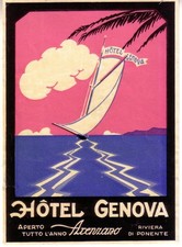 HOTEL LUGGAGE LABEL ,HOTEL GENOVA,ARENZANO,LIGURE DECO XL DESIGN 1930,ITALIA picture