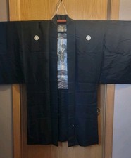 Vintage Black Men's Silk Haori Kimono Jacket – Patterned Lining picture