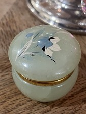 Vintage Italian Alabaster Trinket Box Hand Carved Floral Iris Gold Hinged picture