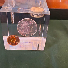 1964 US Coin Set Lucite Paperweight Kennedy Half Quarter Dime Nickel Penny picture