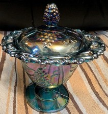 Vintage Indian Carnival Glass Candy Dish Grape Design Wedding Bowl Iridescent picture