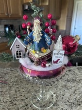 Diamond Cut Pedestal Glass Red Trim Christmas Centerpiece Vignette picture