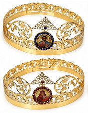 Orthodox Christian Wedding Crowns: (#2)Set of 2 Gold Plated w/Jewel Ringed Icons picture