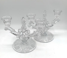 Pair Duncan & Miller Chantilly Etched Indian Tree Double Candlesticks Holders picture