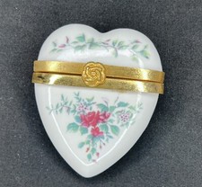 Porcelain Heart Trinket Box 3 Inch  Roses Gold Tone Clasp Vintage picture