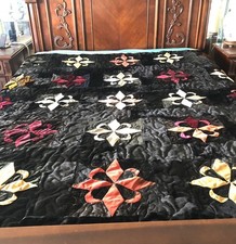 VTG Crazy Handmade Embroidered  Black Multicolor Velvet Quilt 77” x 83” picture
