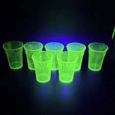 Vtg Uranium Vaseline Glass Glasses Set of 7 UV Reactive Green Aunt Polly Tumbler picture