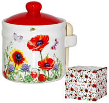 STPGoods Poppy Ceramic Jar with Spoon Lidded Sugar Bowl 17 oz Kitchen Canister picture