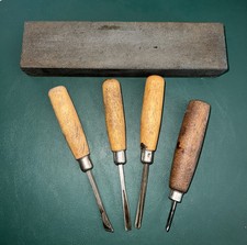 Vntg Carving Tools/Chisels Set Of 4 Tools W/Honing/Sharpening Stone In Orig Box picture