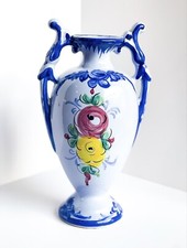 Vintage Artisan Signed Vestal Hand Painted Two Handled Vase From Portugal Blue picture