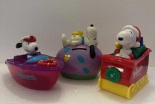 Peanuts VTG Whitman's Snoopy Woodstock Christmas Sleigh, Easter Egg Bank & Boat picture