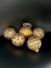 5 Vintage Gold Metal Filigree Eckartina Christmas Ornament W Germany Wire Glass picture