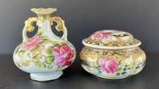 Morimura Nippon Vanity Set Bud Vase & Powder Box Hand Painted Rose Gold Gilt picture