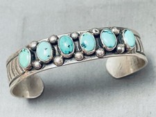SIX STONE TURQUOISE VINTAGE NAVAJO SIGNED V HICKS STERLING SILVER CUFF BRACELET picture