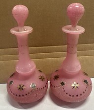 Antique Pink Opaline Bristol Glass Perfume Bottle Pink Painted Lot Of 2  picture