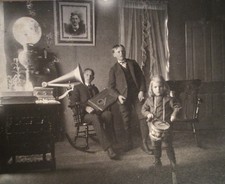 1900’s CABINET CARD PHOTO Boys In Family Home Parlor Gramophone Drums Autoharp picture