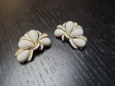 Vintage Kramer White Enamel Gold Tone Clip On Earrings Signed picture
