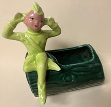 Vintage  50s / 60s - Ceramic - Green Pixie / Elf on Log - Small Planter picture