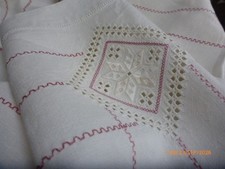 Vintage Hardanger Embroidered Linen Tablecloth 33 1/2