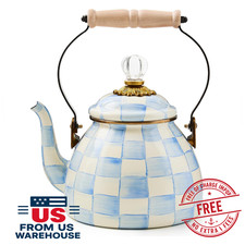 MacKenzie-Childs Sky Check 2 Qt Tea Kettle Enamel Blue White 89257-2440 picture