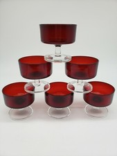 6 ARCOROC RUBY RED Glass Sherbet Dessert Dish Clear Stem France T7 picture