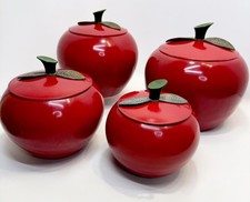 VTG 1960's Set of (4) Chrom-Ever Aluminum Red Enamel Apple Canisters w/ Lids MCM picture