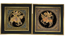 Vintage Burmese Kalaga Tapestry Framed Pair 24x24 Hand Embroidered Warrior Horse picture