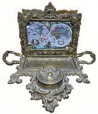 Vintage Brass Rococo Desk Inkstand Letter Rack Pen Tray Set with Liner picture