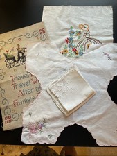 Misc Vintage Embroidered Linens Lot of 5 W/Bread Basket Linen And Cross Stitch picture