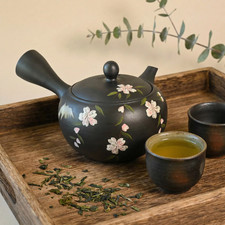 Handmade Dark Brown Pink Sakura Kyusu Teapot: Loose Leaf Tea Strainer 14.5 fl oz picture