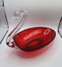 Vintage Ruby Red Glass Swan Dish Bowl Candy Dish Decor Art Sculpture Figurine picture