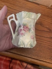 vintage Germany porcelain pitcher creamer iridescent green pink roses 1969 picture