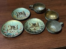 Rare Antique Victorian Tin Litho Cat Kitten Childās Toy Tea Set 6 Pc picture