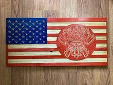 America 250 Firefighter Tribute Carved Wooden  American Flag 24” X 12” picture